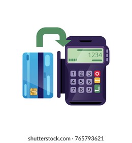 Process of payment by credit card through terminal. Easy method buying goods. Entering PIN code. Banking service concept. Isolated flat vector icon