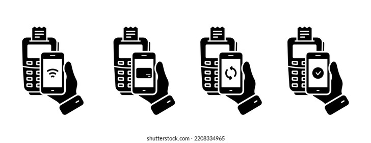 Process Of Payment On Terminal By Mobile Phone Silhouette Icon Set. POS And Smartphone Bank Processing Pictogram. Check Cashless Payment Transaction NFC Technology Icon. Isolated Vector Illustration.