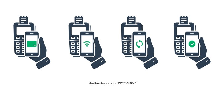 Process Of Payment On Terminal By Mobile Phone Silhouette Icon Set. POS And Smartphone Bank Processing Pictogram. Check Cashless Payment Transaction NFC Technology Icon. Isolated Vector Illustration.