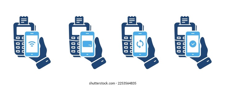 Proceso de pago en terminal por juego de iconos de silueta de teléfono móvil. Pictograma de procesamiento bancario POS y Smartphone. Marque el icono de la tecnología NFC de transacciones de pago sin efectivo. Ilustración de vectores aislados.