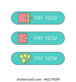 The process of payment. Rent, salary costs. Wages and income. The receipt of money. Icon purse, pocketbook, wallet with money. The conclusion of the contract. The pay button. Vector
