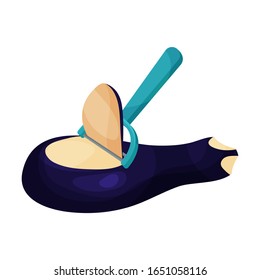 Process of Peeling Eggplant with Paring Knife Vector Illustration