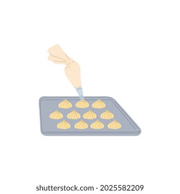 Process of placing the dough from a pastry bag on a baking sheet before baking, flat vector illustration isolated on white background. Preparing cookies or cakes.