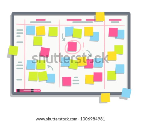 Process planning board with color sticky notes. Scrum task whiteboard flat vector illustration. Board with colored note sticker reminder