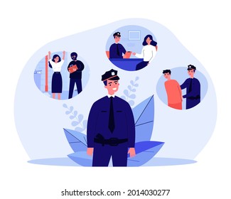 Process of police officer catching thief. Policeman listening to robbed woman and arresting criminal flat vector illustration. Occupation, security, justice concept for banner or website design