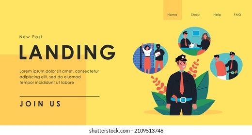 Process of police officer catching thief. Policeman listening to robbed woman and arresting criminal flat vector illustration. Occupation, security, justice concept for banner or website design