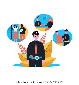 Process of police officer catching thief. Policeman listening to robbed woman and arresting criminal flat vector illustration. Occupation, security, justice concept for banner