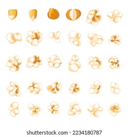 Prozess des Poppens von Popcorn-Kerneln während der Heizung. Einziger Satz von Snacks für das Kino. Organische und natürliche Zutaten für ausgewogene Ernährung, Ernährung und Geschmack. Vektorgrafik im Flachstil