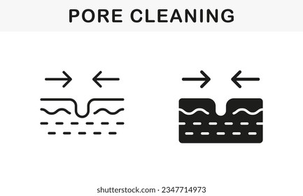 Process of Pore Narrow, Skin Treatment, Skincare Symbol Collection. Pore Cleansing Line and Silhouette Icon Set. Facial Skin Care Cleaning Pictogram. Pore Narrowing. Isolated Vector Illustration.