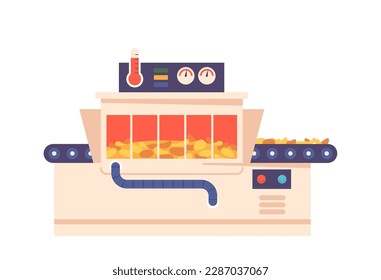 Process of Potato Chips Baking on Factory. Potatoes Are Sliced, Washed, And Fried In Hot Oil Cartoon Vector Illustration