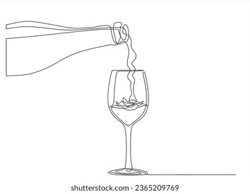 The process of pouring wine into a glass. Pours champagne from a bottle into a glass. Line art, vector continuous line drawing. Black and white illustration. Christmas, New Year holiday