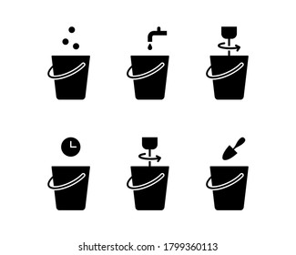 Process Of Preparation Building Mixture. Silhouette Icons For Construction Dry Powder Instruction. Dilution Of Cement, Sand Concrete, Grout, Gypsum, Plaster. Water, Bucket, Mixer. Black Flat Vector