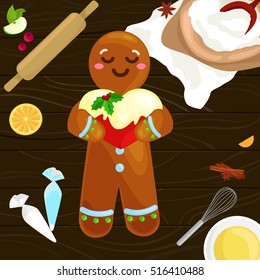 process preparing and baking sweet cookies on wooden kitchen table, ingredients for cooking flour yatsa, Gingerbread man christmas food vector illustration