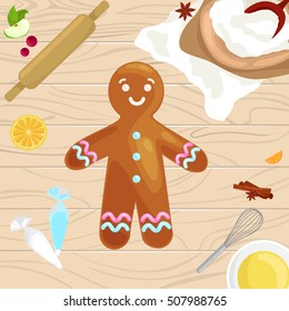 process preparing Christmas cookies and sweets on wooden kitchen table Gingerbread man and ingredients for cooking flour, yatsa food vector illustration