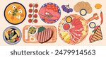 The process of preparing delicious food from above.  Various Ingredients for dishes and food.  Master Class. Preparing food. Flat style. Meal. Set of tasty food. Brunch, lunch, breakfast, dinner. 