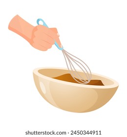 Process of preparing food with human hand that mixing ingredients in bowl isolated on white background.