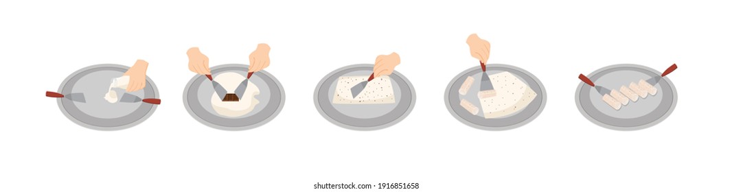 Process of preparing stir-fried ice cream or rolled ice cream with chocolate, flat vector illustration isolated on white background. Sweet ice cream frozen dessert.
