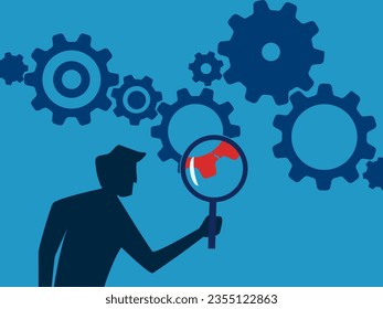 Process problem detected. Businessman checking broken gear mechanism