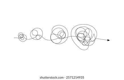 Process of problem simplifying in mind, Vector illustration of confusion to clarity step by step, psychotherapy path for mental health, complex messy connected lines as concept of chaos solving.	