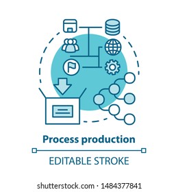 Process Production Blue Concept Icon. Manufacturing Operations Management Idea Thin Line Illustration. Job Production Steps. Machinery And Manpower. Vector Isolated Outline Drawing. Editable Stroke