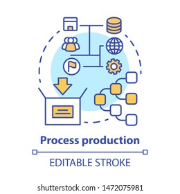 Process Production Concept Icon. Manufacturing Operations Management Idea Thin Line Illustration. Job Production Steps. Machinery And Manpower. Vector Isolated Outline Drawing. Editable Stroke