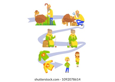 Process of production of sheep wool and knitwear set of vector Illustrations