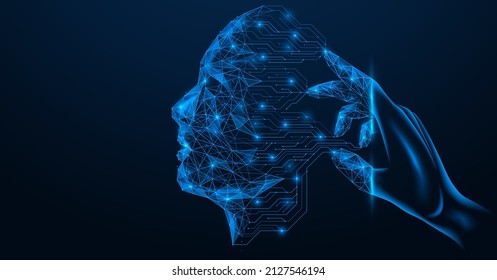 The process of programming artificial intelligence. Transformation of the hand into a control tool. The printed circuit board forms the contour of a person's face. Mind control. Polygonal design.