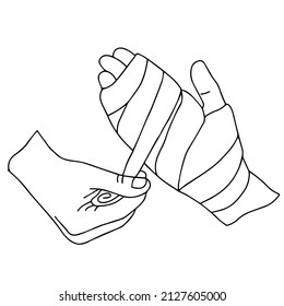 The process of providing first aid to a person in an accident. Bandaging an injured hand