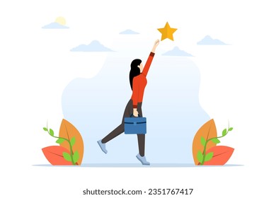 process to reach the stars in career success. fly in the sky happy people. in seventh heaven. the girl trying to reach the stars to success. flat vector illustration on a white background.