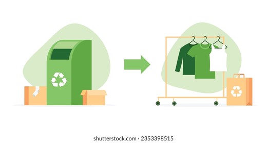 Process of recycle and reuse textile. Sustainable, slow and eco friendly fashion. Recycling container and clothes store. Vector illustration.