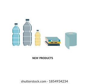The process of recycling garbage and reuse. A poster or banner with icons of new products from secondary raw and an inscription. Vector flat isolated illustration.