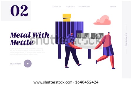 Process of Recycling and Reusing Old Iron Rubbish Website Landing Page. Men Bring Old Used Pipe on Conveyor Belt to be Pressed in Small Cube Pieces Web Page Banner. Cartoon Flat Vector Illustration