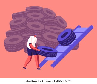 Process of Recycling and Reusing Old Tires. Male Character Take Put Car Wheel from Huge Heap and Put on Conveyor Belt for Crashing to Pieces and Recycling on Plant. Cartoon Flat Vector Illustration