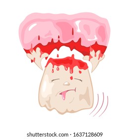 Process of removing darkened diseased tooth from gums with blood. At dentist surgeon s appointment. Consequences of ignoring oral hygiene. Vector cartoon illustration isolated on white background.
