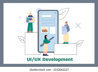 Process of research, programming ui, ux, vector flat illustration on white background. Development, content design, auditing, analytics, application support, interfaces