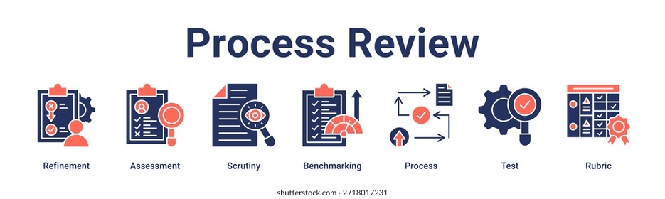 Process Review banner web icon vetorial illustration concept for education (conceito de ilustração vetorial de ícone da Web para educação) com ícone de refinamento, avaliação, escrutínio, benchmarking, processo e teste.