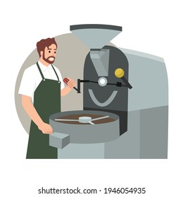 Process of roasting coffee beans in industrial roaster. Barista monitors operation of equipment. Bags with raw and finished product. Packaged coffee in paper bags on shelves. Flat cartoon vector