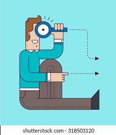 Process of search concept. Professional man looks through magnifying glass. Vector illustration.