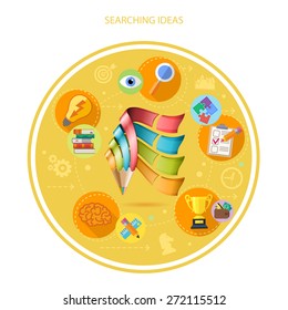 Process Searching Good Ideas - Business with Creative Pencil. 3D Realistic and Flat icons. Vector illustration.