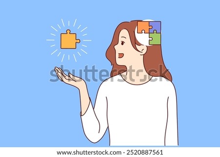 Process of self-discovery in girl with puzzle in head and hands, exploring own thoughts and behavior. Importance of self-discovery for personality development or maintaining psychological balance