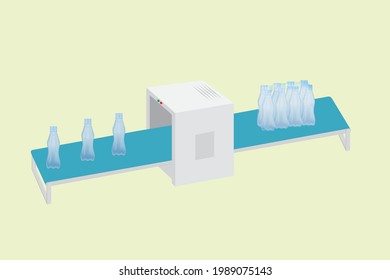 Process of shrink film wrapping machine for package bottle of water. Food industry production.	