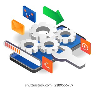 Process smartphone application update in isometric illustration