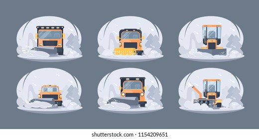 Process of snow removal and cleaning  road by snowfall. Winter highway snowplow and snow cleaning  service. Flat vector illustration for web banners.