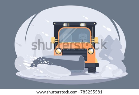 Process of snow removal from road by a snow thrower. Winter highway service. Flat vector illustration