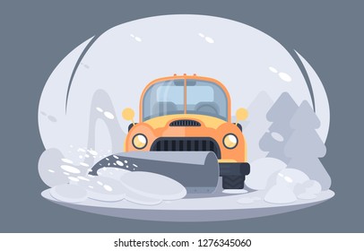 Process of snow removal from road. Pick up truck with snowplow. Winter highway service. Flat vector illustration