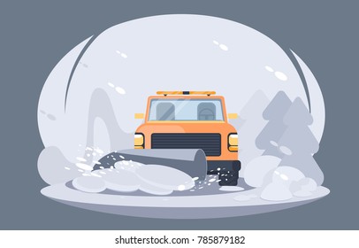 Process of snow removal from road. Winter highway service. Flat vector illustration. Sidewalk clearing plow