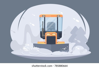 Process of snow removal from road. Winter highway service. Flat vector illustration. Sidewalk clearing plow