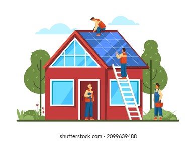 Process of solar panel installation, vector banner