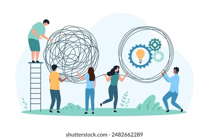 Process solving of complicated difficult problem, simplicity in psychotherapy. Tiny people unravel chaos and line multiple knots of wire to simple way, gear with light bulb cartoon vector illustration