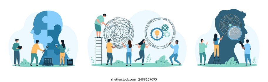 Process solving of complicated difficult problem, psychotherapy set. Tiny people unravel line chaos and multiple knots into order, repair and study puzzle inside human head cartoon vector illustration